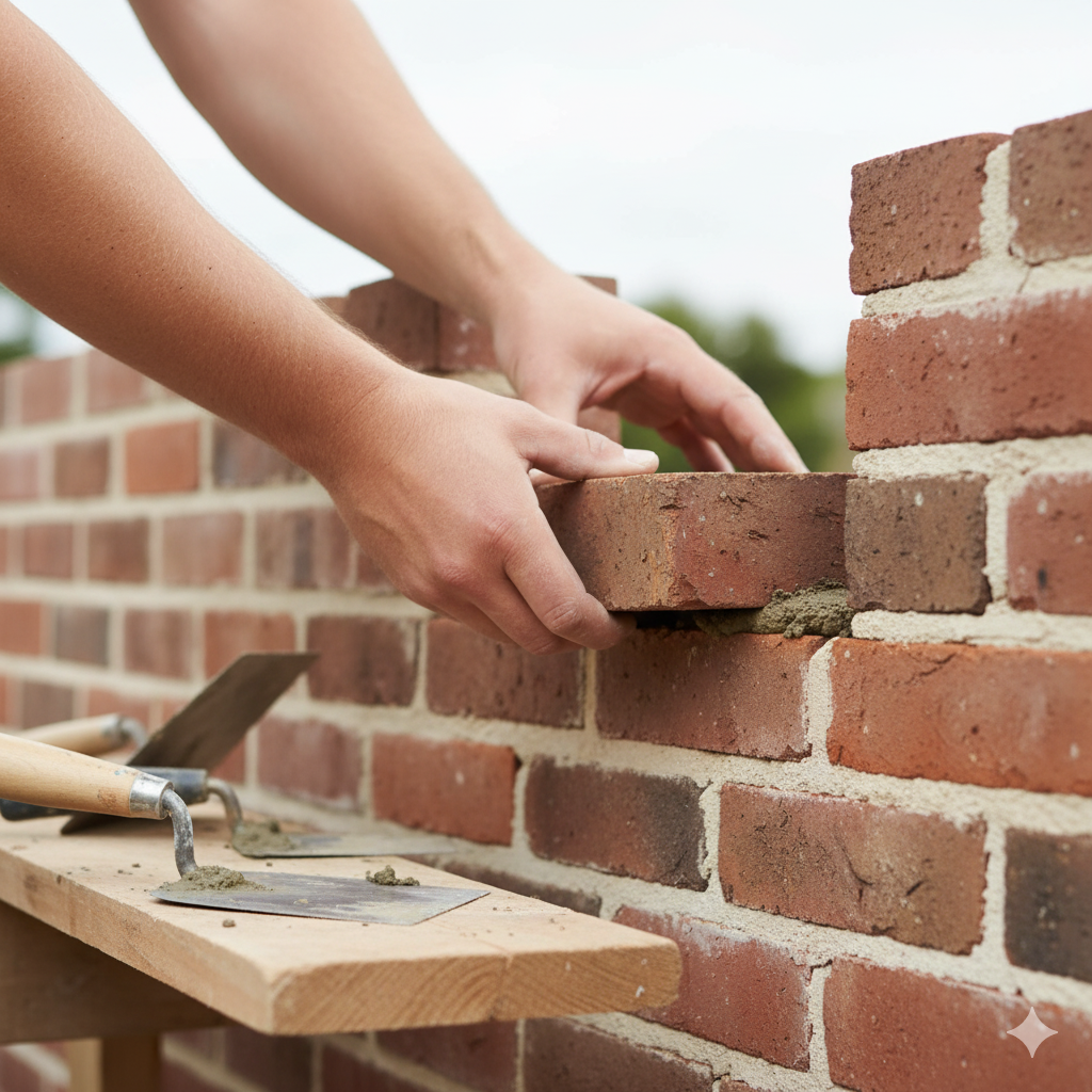 A person laying a brick with precision, symbolizing the 4 angel number meaning of hard work and building a career.