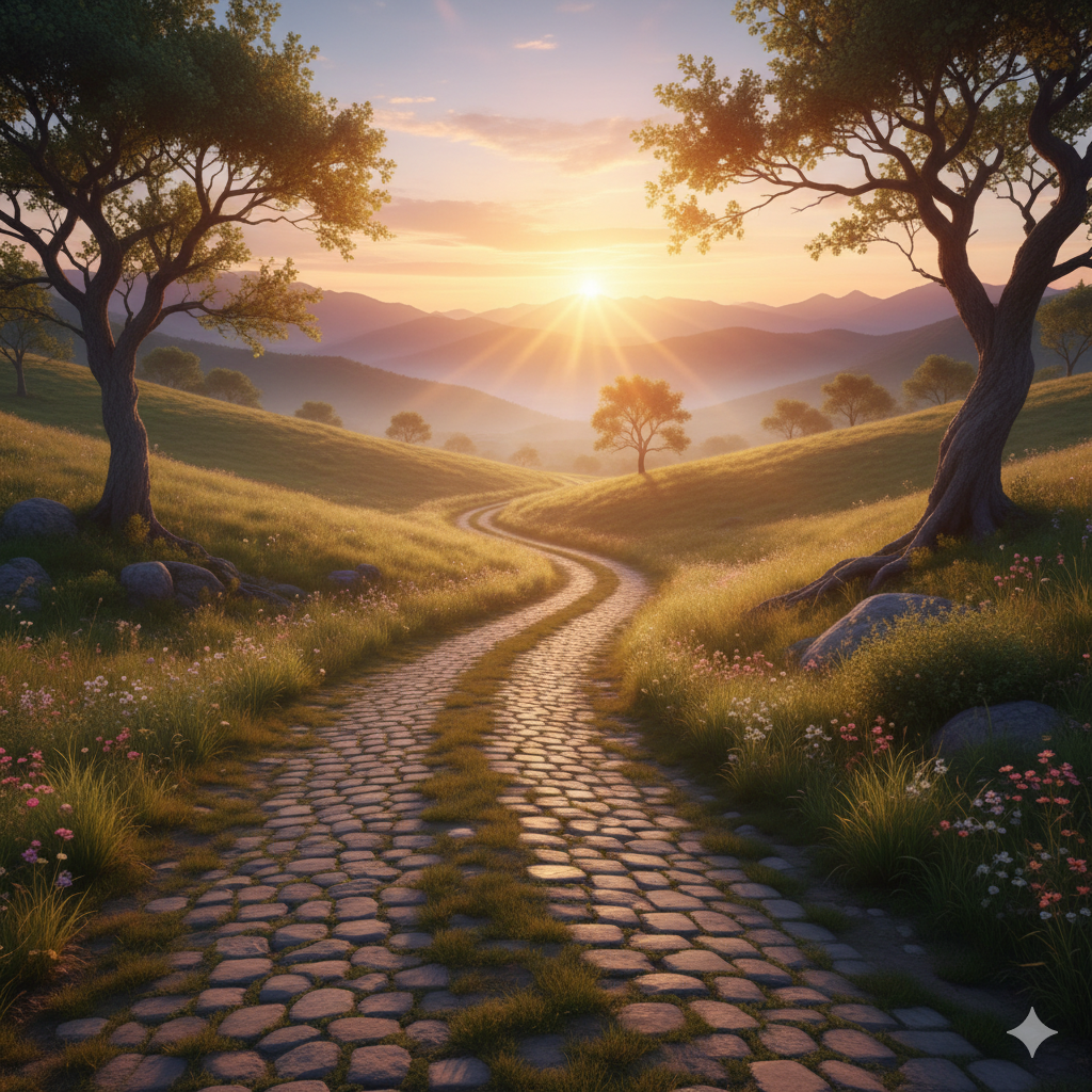 A winding road at sunrise, symbolizing the 5 angel number meaning of change, adventure, and a new journey.