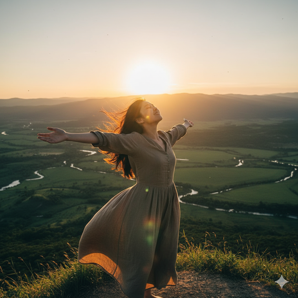A person embracing their freedom in nature, a key part of the 5 angel number meaning.