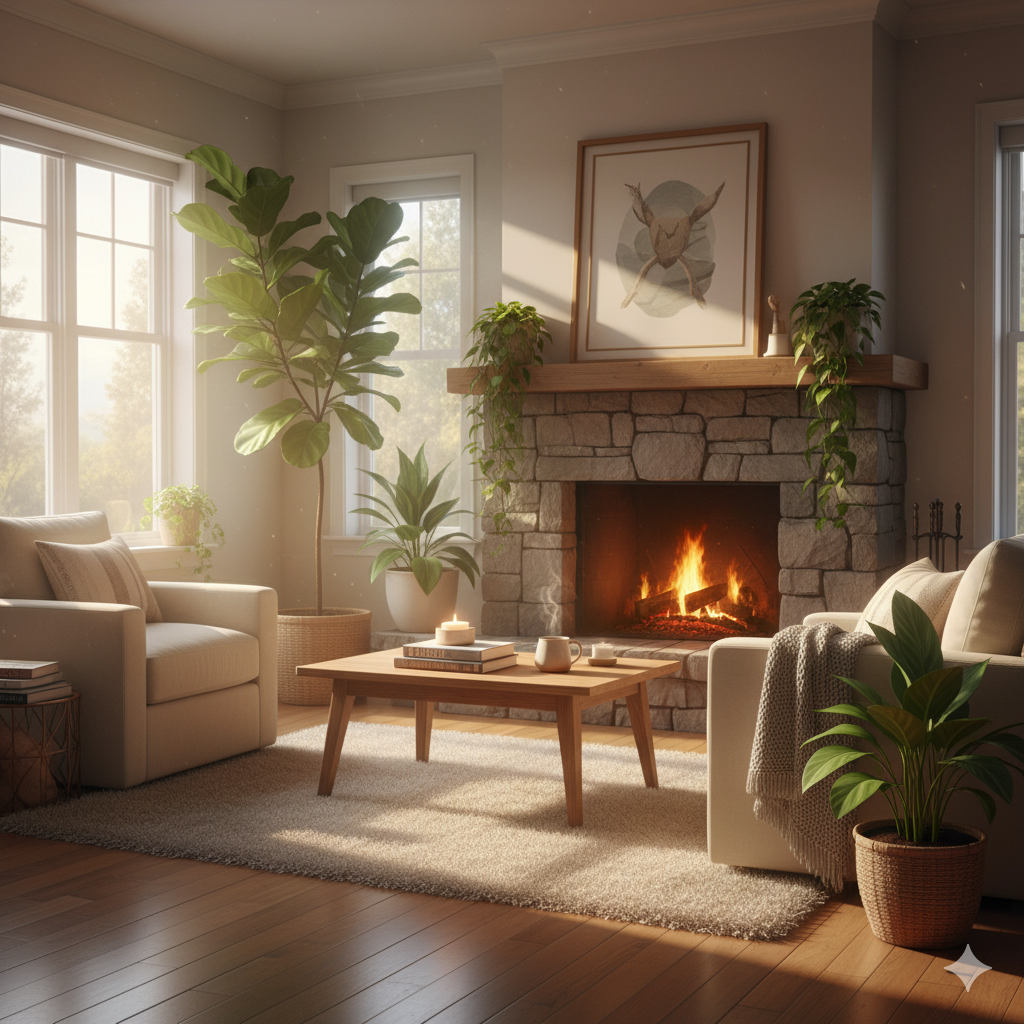 A cozy and harmonious home interior, representing the 6 angel number meaning of home and family.