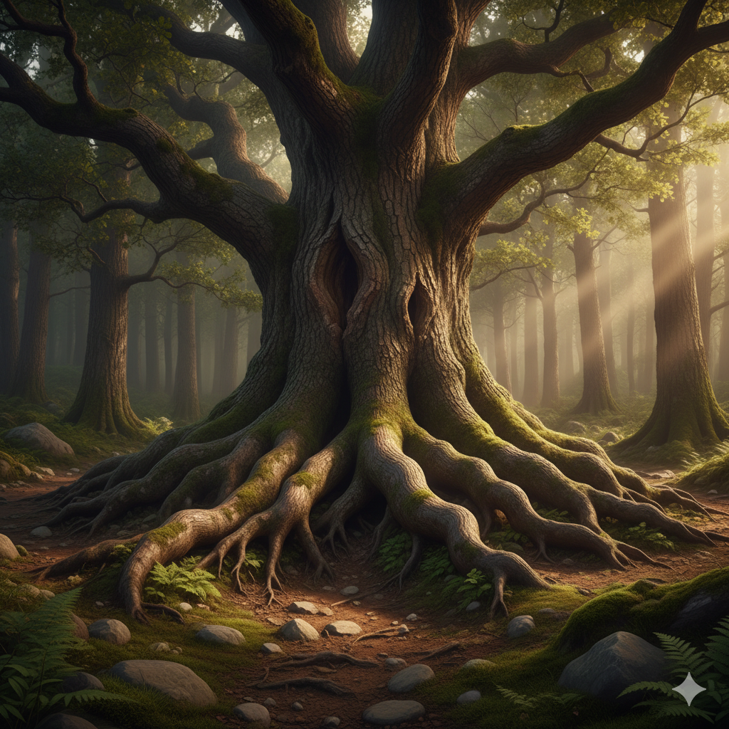 A stable, ancient tree with deep roots, representing the core 4 angel number meaning of stability and strong foundations.