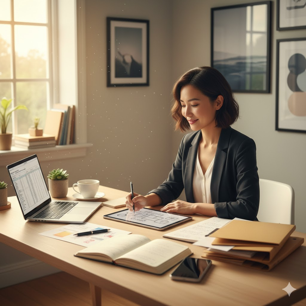 A person in a leadership role at their desk, illustrating the 8 angel number meaning for career and money.