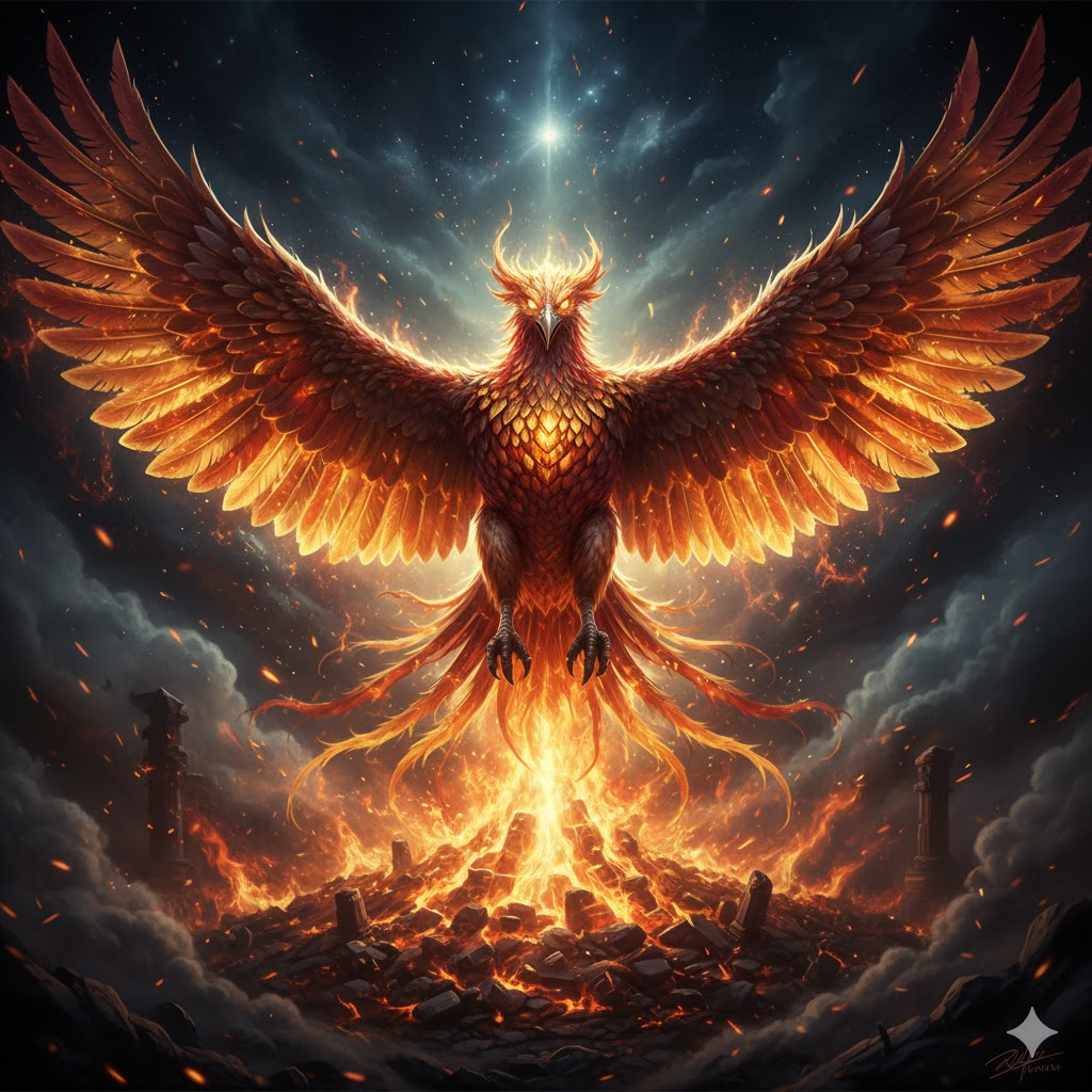 A phoenix rising, symbolizing the 9 angel number meaning of rebirth and twin flame transformation.