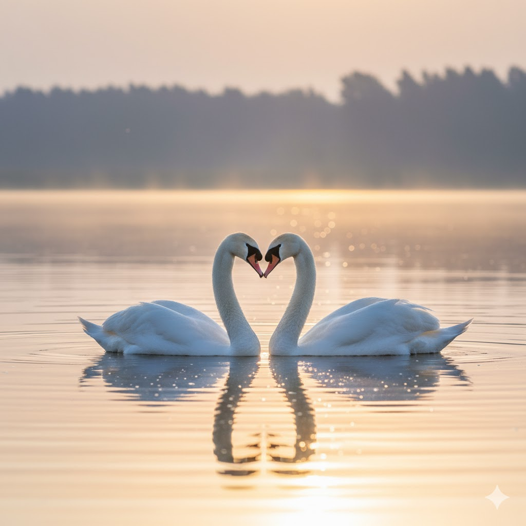 Two swans forming a heart, symbolizing the 222 angel number meaning in love and partnership.